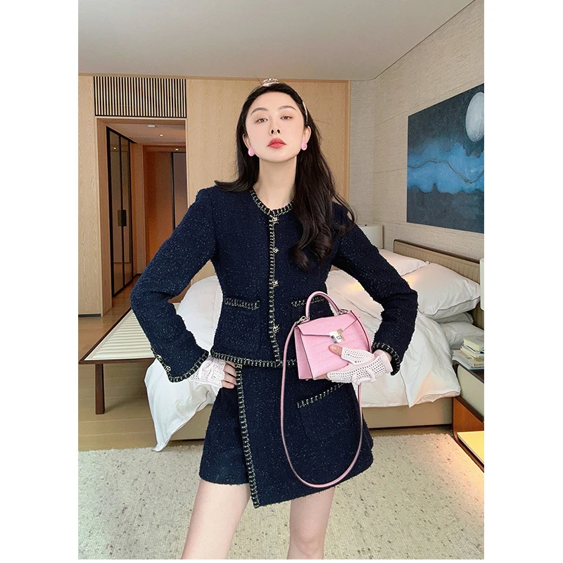 TRACYCHU蓝金色经典小香风流金岁月粗花呢外套富家千金洋气度假款