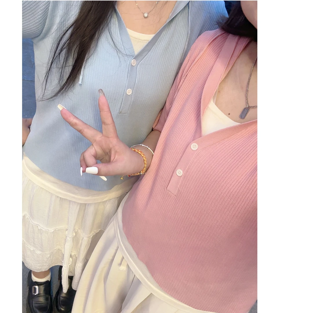 【大码】764撞色假两件连帽短袖针织衫宽松上衣女夏季新款