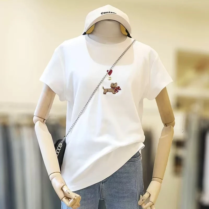 【胖琪定制】正肩圆领小狗熊熊刺绣宽松掐腰胖MM短袖T恤上衣