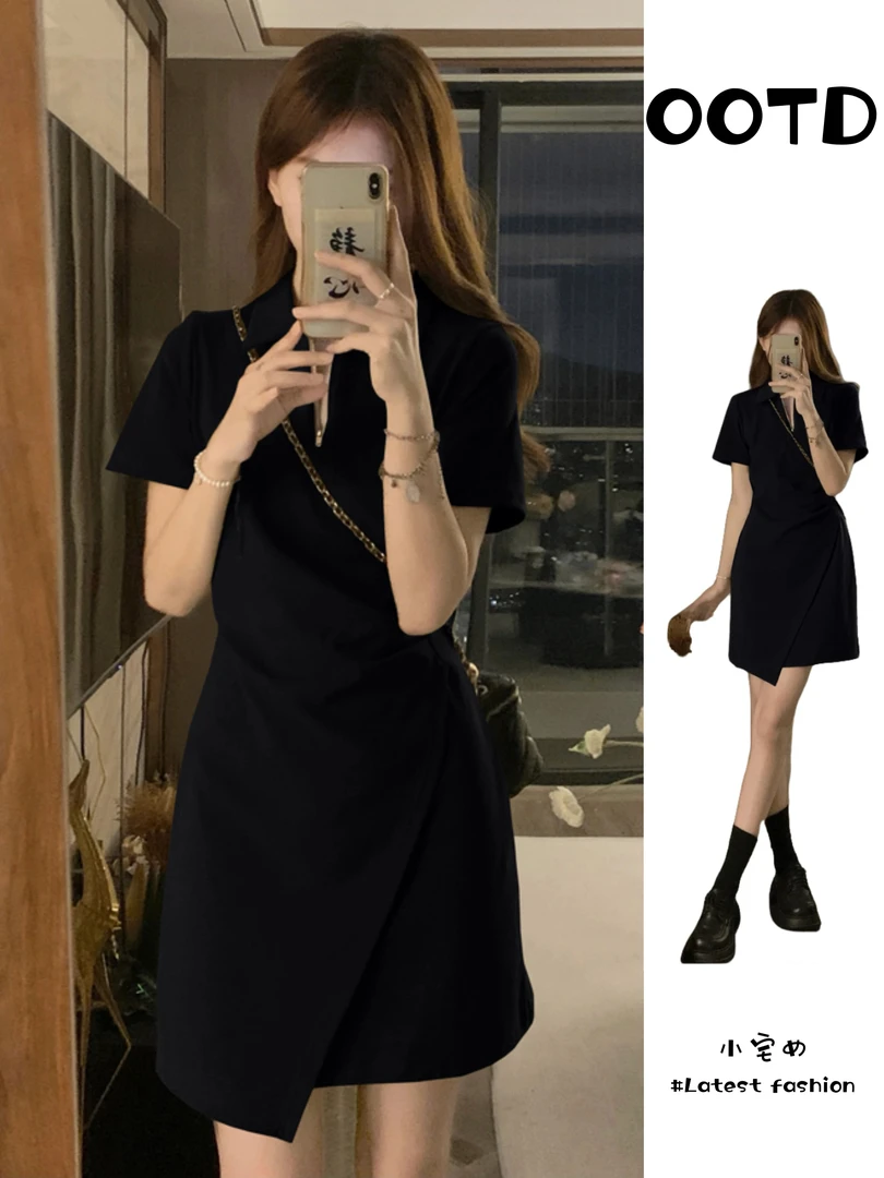 大码法式polo领不规则连衣裙女夏季胖mm小众设计感收腰显瘦A字裙