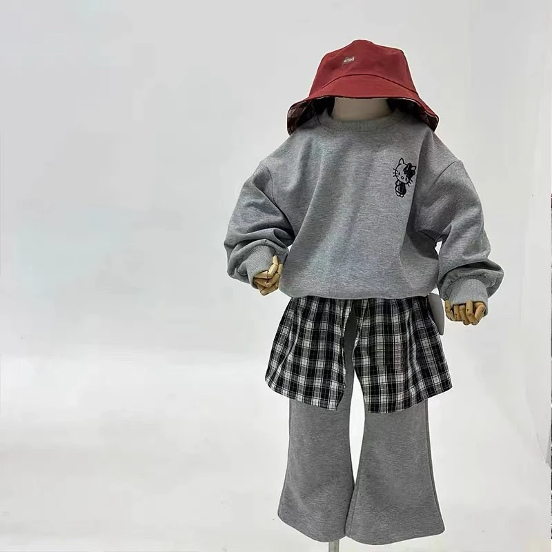 女童卫衣套装25秋季新款美式休闲舒适卡通上衣女宝宝格纹微喇叭裤