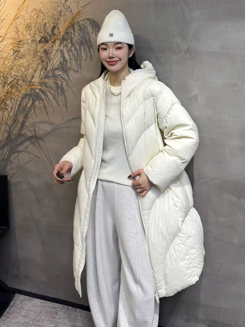10450#2025过膝白色韩版过膝白时尚连帽长款鸭绒羽绒服保暖外套