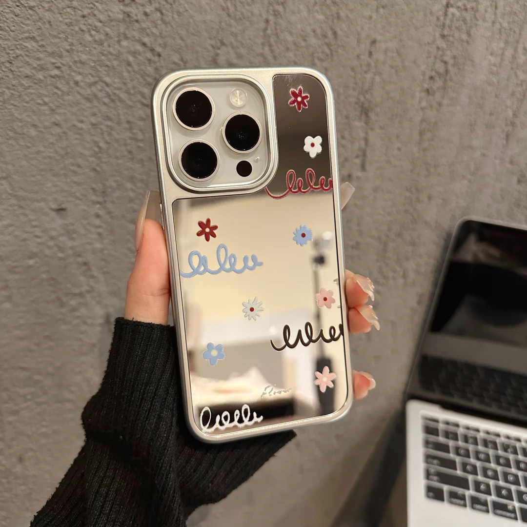 适用苹果16pro电镀相框手机壳iPhone15简约镜面丝带花朵华为p小众