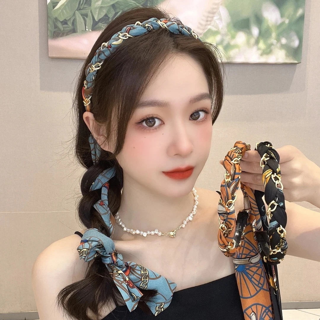 复古链条飘带发卡发箍女编发一体系带头箍夏天头饰头饰发箍手工