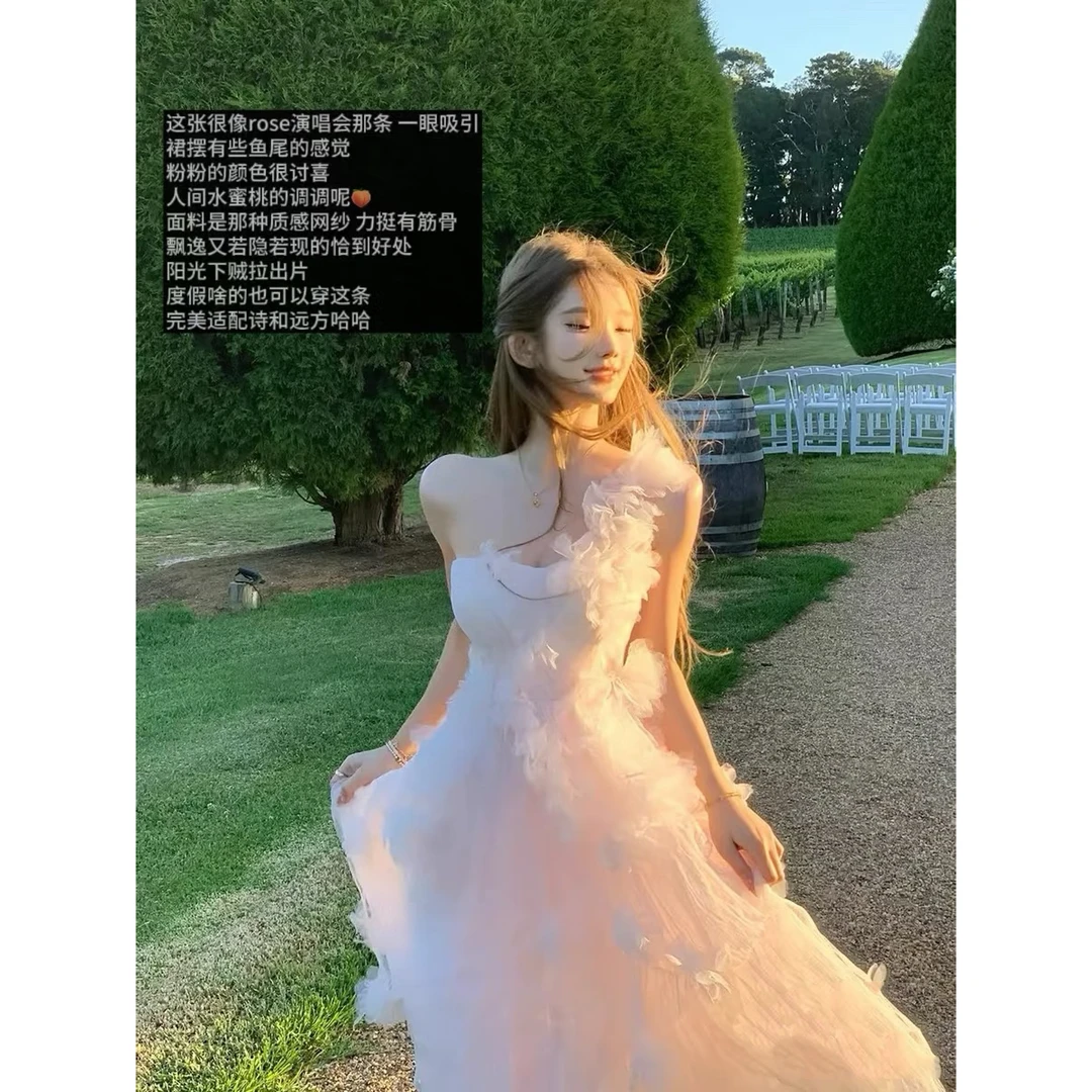 爱神仙子 花朵连衣裙女设计感吊带裙春夏收腰波浪密边裙子