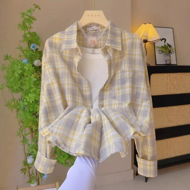 2025夏季新款女士法式格子设计感小众长袖衬衫防晒服轻薄气质上衣