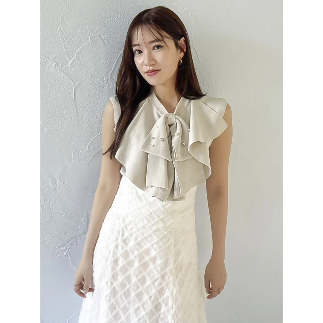 【MonTendre】D 夏季新款 日系时尚休闲优雅荷叶边领带钉珠针织衫