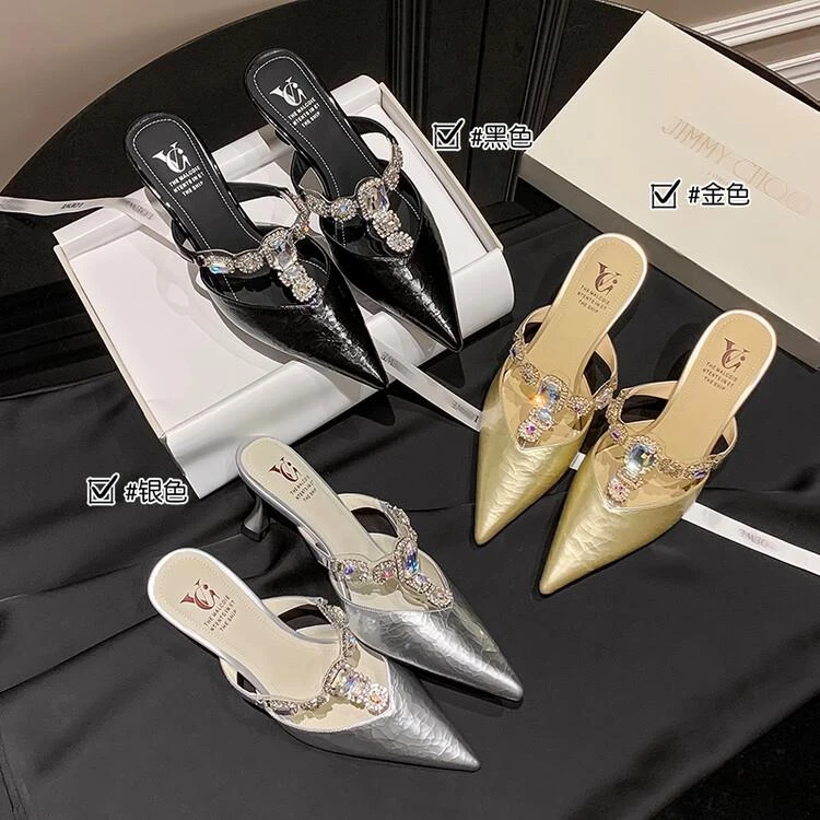 夏季高跟鞋气质网红百搭小跟尖头一字带半拖鞋水钻凉拖鞋外穿时尚