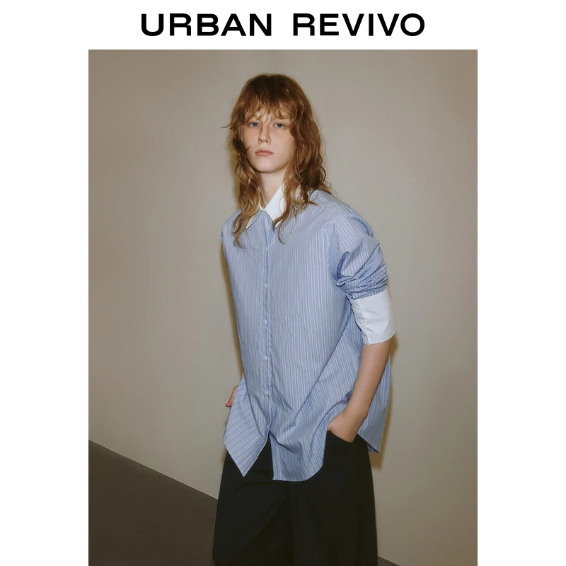 UR2025夏季新款女装都市气质拼接撞色条纹开襟衬衫UWG250141