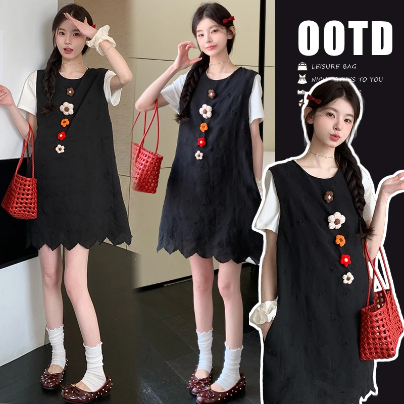 时髦孕妇装新款法式花朵大码气质款洋气背心裙+显瘦短袖T恤两件套