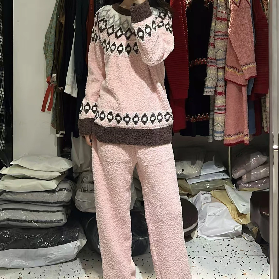 半边绒冬季睡衣套装可外穿保暖宽松加绒加厚家居服秋冬款口袋女款