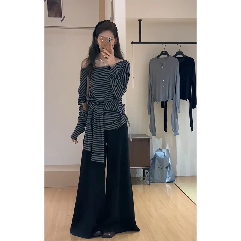 2025早秋新款法式气质露肩条纹绑带长袖上衣气质高腰显瘦阔腿长裤