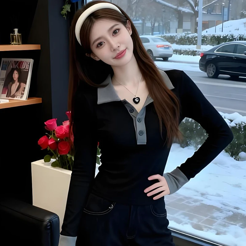 秋季新款加绒打底衫时尚气质Polo领长袖T恤修身显瘦内搭纯欲上衣