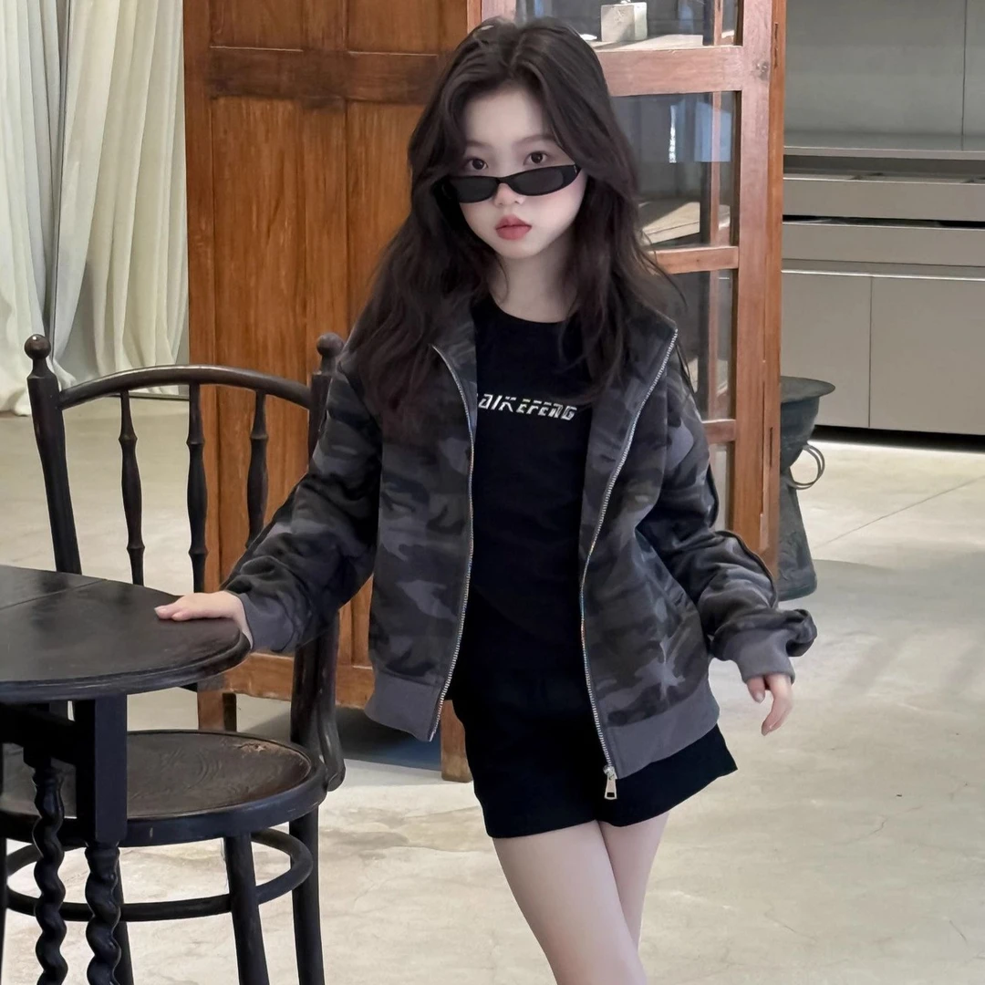 女童外套2025秋女童潮范迷彩开衫长袖卫衣外套中大男女童拉链上衣