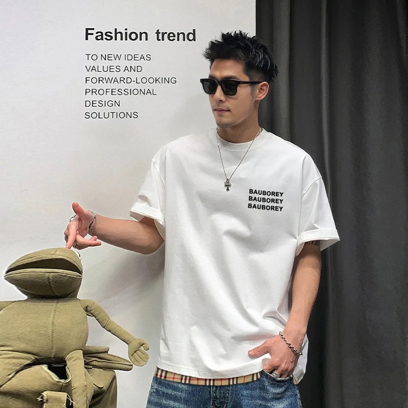 潮牌轻奢男装夏季新款简约硅胶字母假两件休闲百搭宽松T恤T2056