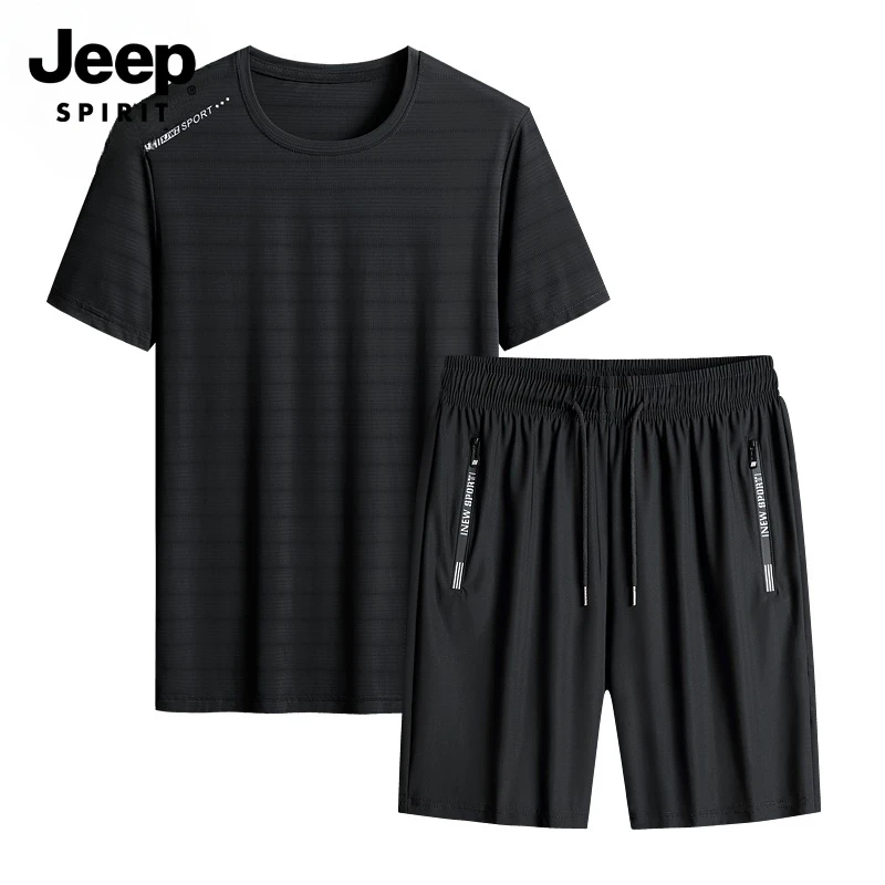 Jeep吉普新款男士跑步速干运动休闲冰丝套装男夏季T恤短袖短裤套
