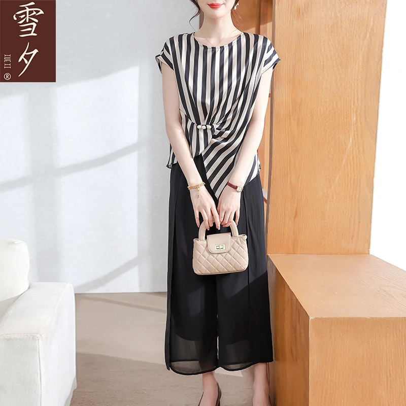 【雪夕】妈妈夏装雪纺套装2025新款时尚条纹上衣C-X-LLW2601