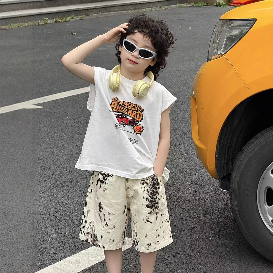 2025夏季新款男童韩版短袖t恤儿童夏款上衣帅气无袖童装男孩潮酷