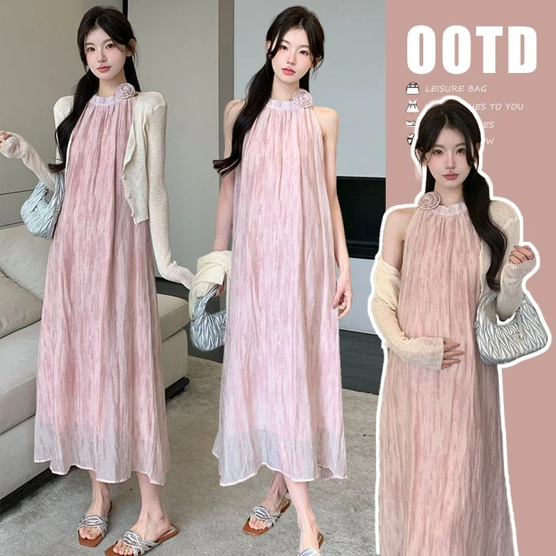 【枫丽】2025夏季新款孕妇韩版时尚烫钻玫瑰花朵气质连衣裙针织开衫