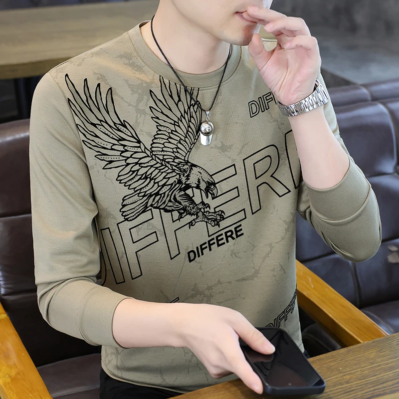 长袖印花秋季修身打底衫卫衣上衣秋冬圆领男男士春秋提花卫衣青年