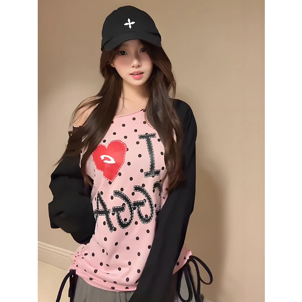 美式复古斜肩长袖t恤女夏季穿搭波点防晒罩衫宽松辣妹露肩上衣tee