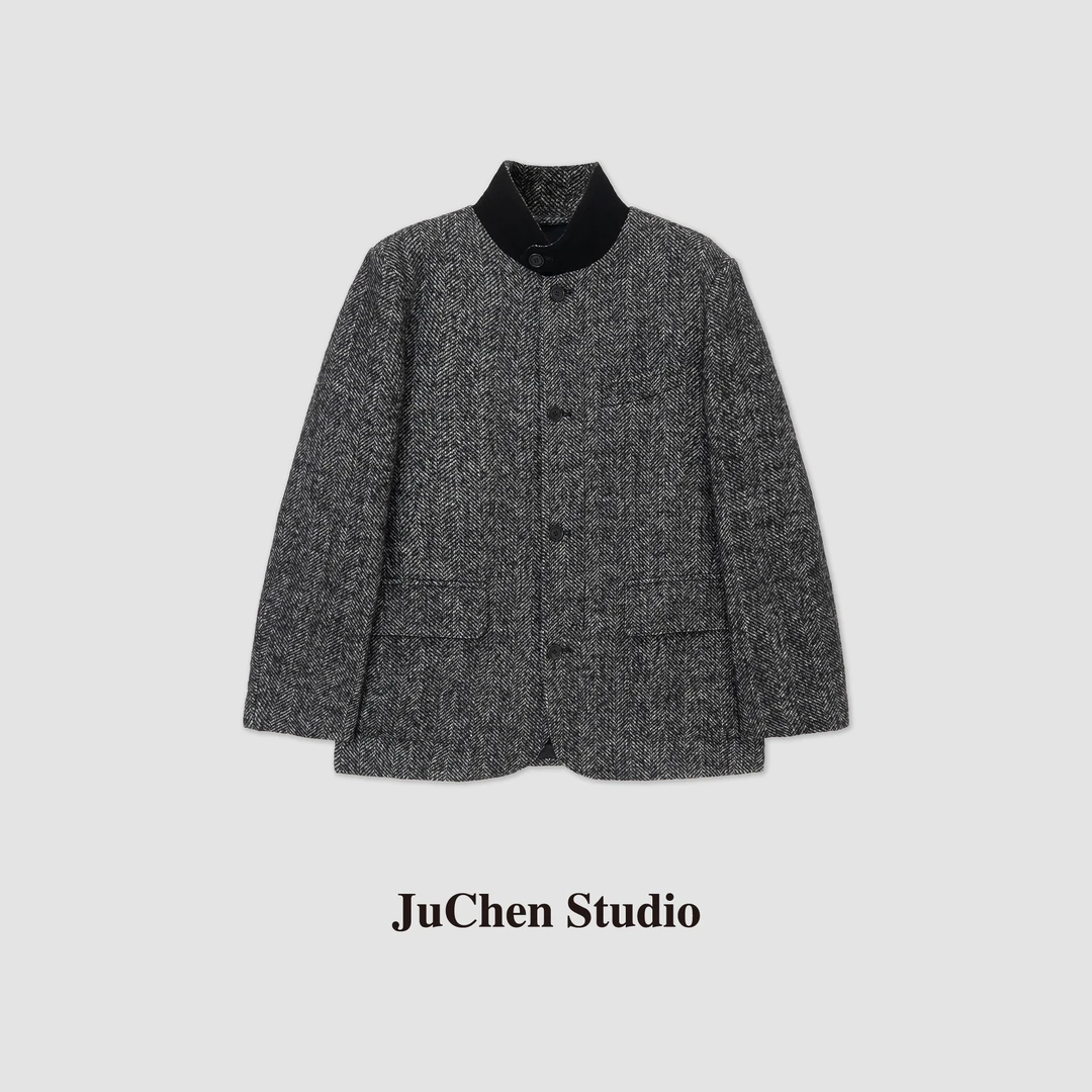 LIBOSHU“巴黎雾夜”嵿奢老钱风人字纹肌理粗花呢外套 FW23-537-131