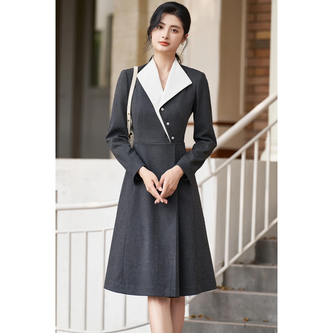 【海燕专属】秋季新款翻领连衣裙设计感收腰A字裙女5Y24DL2078