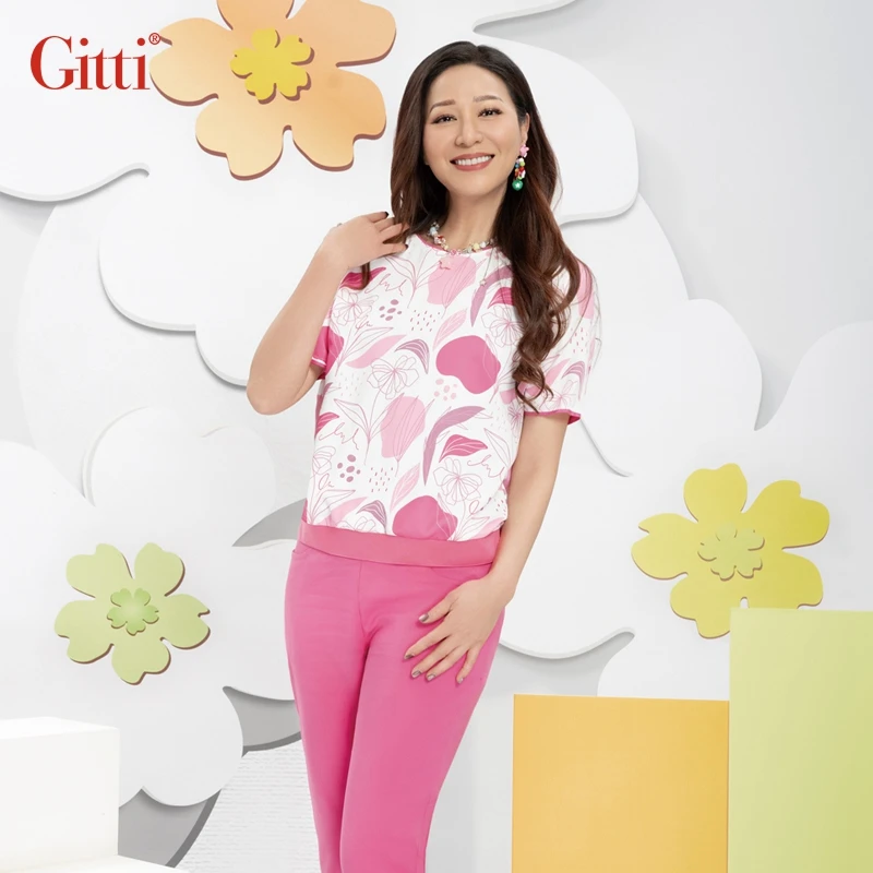 Gitti/吉蒂春夏新品罗纹拼接印花圆领短袖女宽松大码T恤G251280