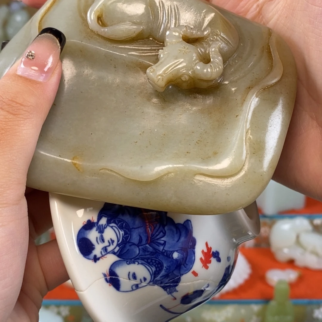 青***！瓷片青花瓷砚台摆件一个