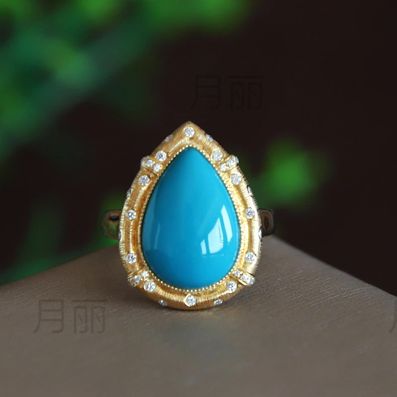 月丽 天然原矿金镶水滴形绿松石镶钻戒指 正品湖北松高瓷蓝玉化料