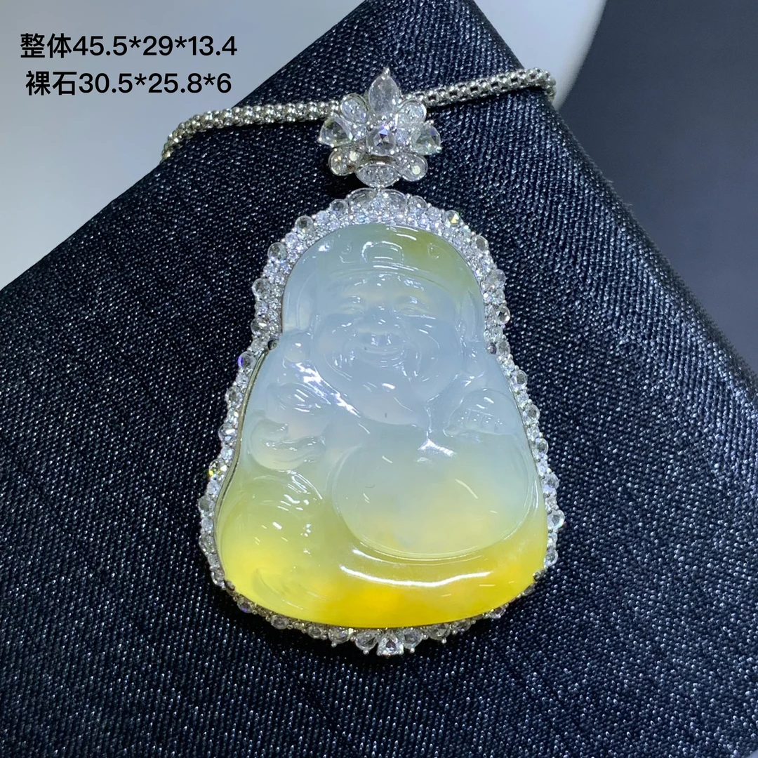 冰胶飘黄翡财神爷天然翡翠玉石吊坠9.3/JSY冰透完美大尺寸厚庄