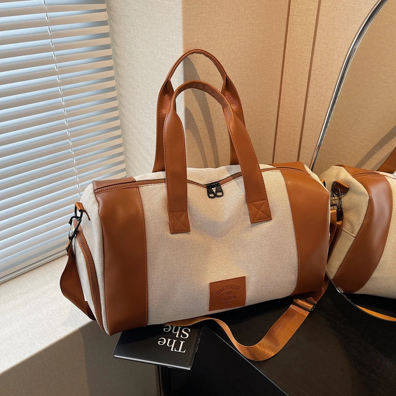 大容量PU拼色短途手提旅行包男女款轻便出行旅游行李收纳袋健身包