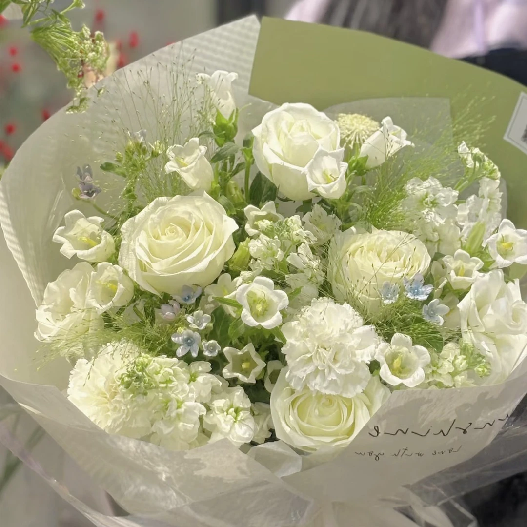 纯洁的爱意3支白玫瑰白色系混搭手捧花
