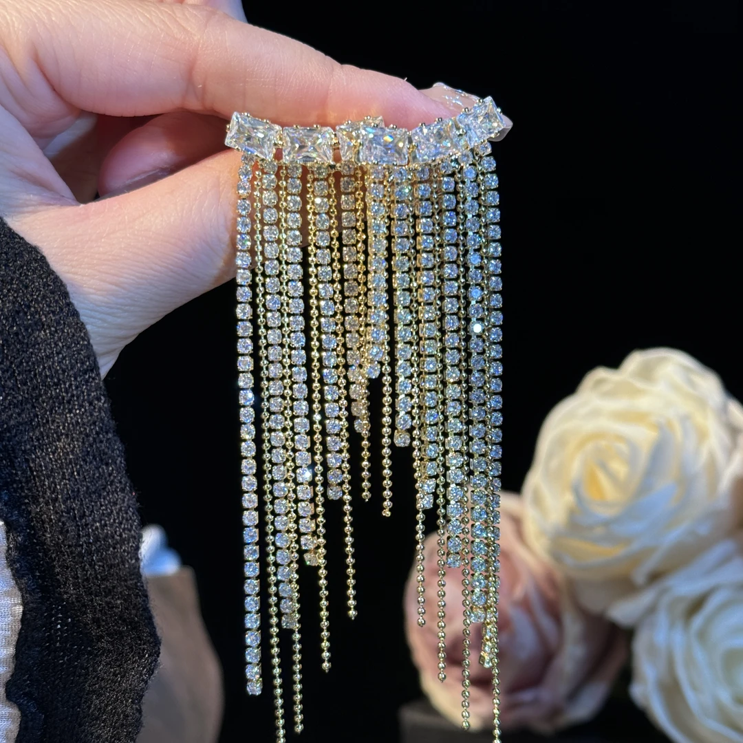 铜合金耳饰 尹月】超闪锆石长款流苏耳环个性时尚小众重工耳钉奢华