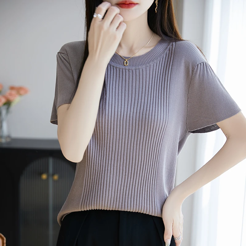 夏季薄款圆领针织短袖女抽条显瘦上衣莱赛尔凉爽宽松休闲T恤背心