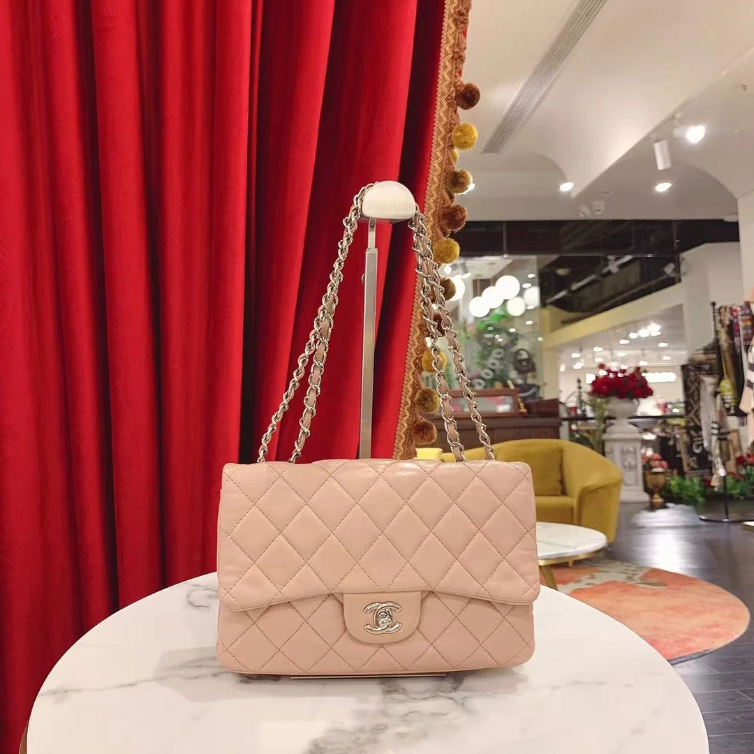 95新 Chanel/香奈儿 GGS香奈儿cf季节款奶茶色银扣羊皮74778971