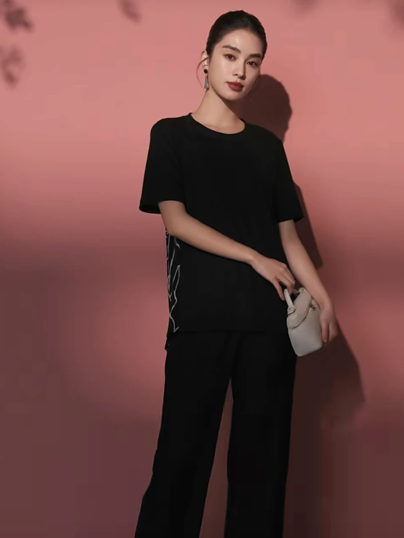 声雨竹1p353夏季女士短袖上衣长裤凉感冰丝薄套装