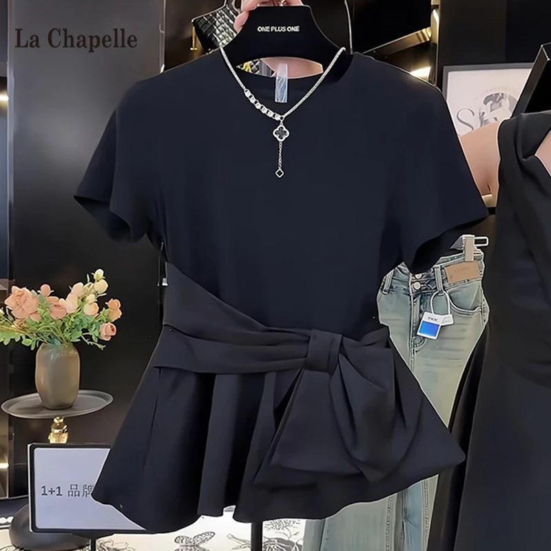 拉夏贝尔黑色圆领T恤女独特设计感蝴蝶结不规则荷叶摆小众上衣