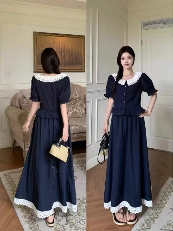 森系连衣裙女装收腰上衣+半身裙甜美显瘦娃娃领时尚套装法式