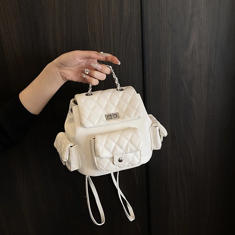 【希腊古包】纯色日韩包盖双肩包网红洋气时尚小众绣线菱格链条书包