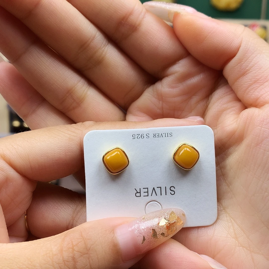 蜜蜡银S925镶嵌耳饰耳钉