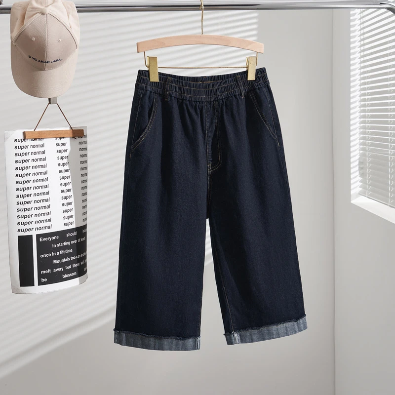 2025夏季新款胖mm深色韩版阔腿裤牛仔裤女短裤最新款2025爆款洋气