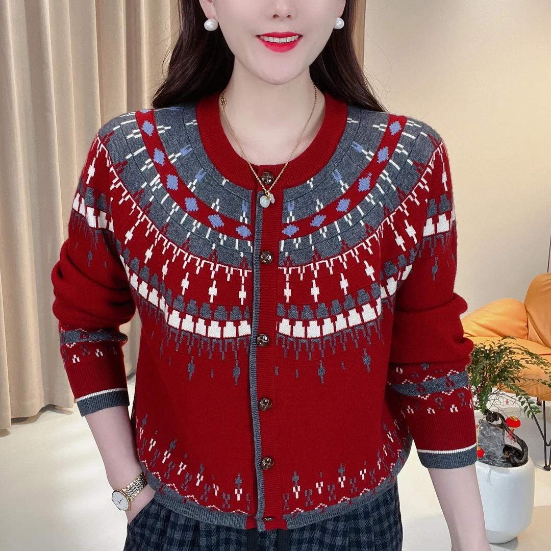 【绵羊毛】毛衣开衫新款5822时尚复古费尔岛提花圆领撞色休闲百搭