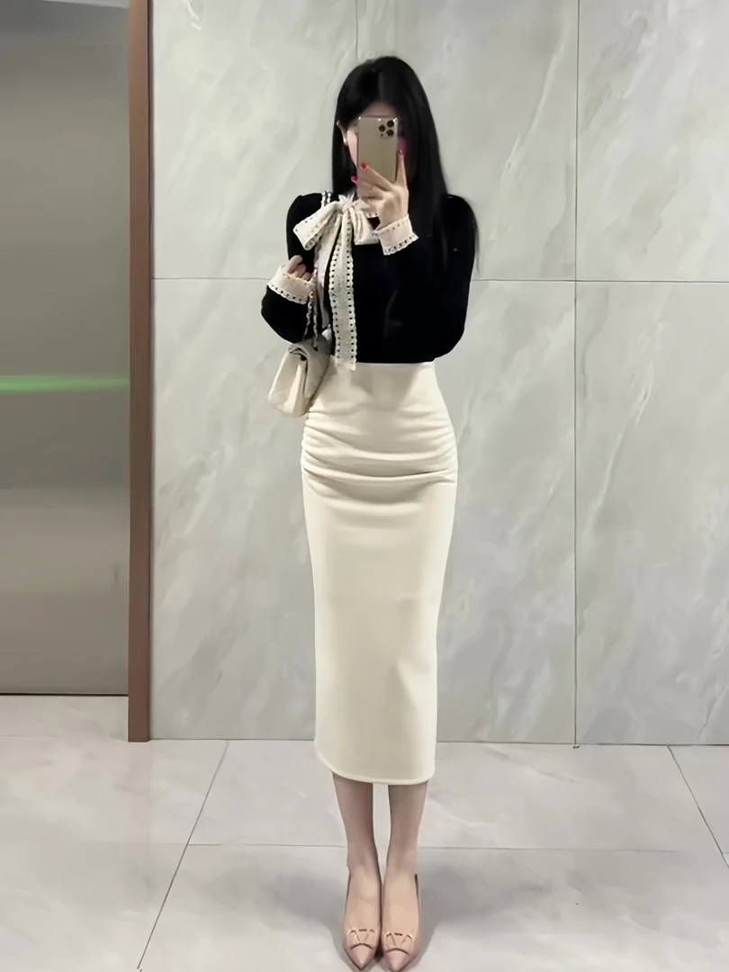 2025新款秋季御姐气质范蕾丝蝴蝶结系带长袖T恤+包臀半身裙套装女