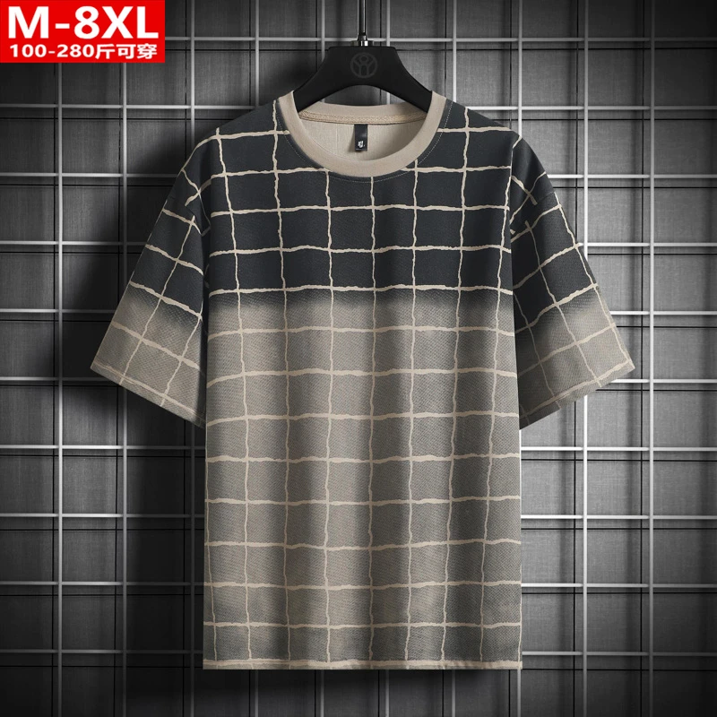 夏季潮男装渐变印花格子圆领短袖T恤 胖男士加肥大码宽松休闲体恤