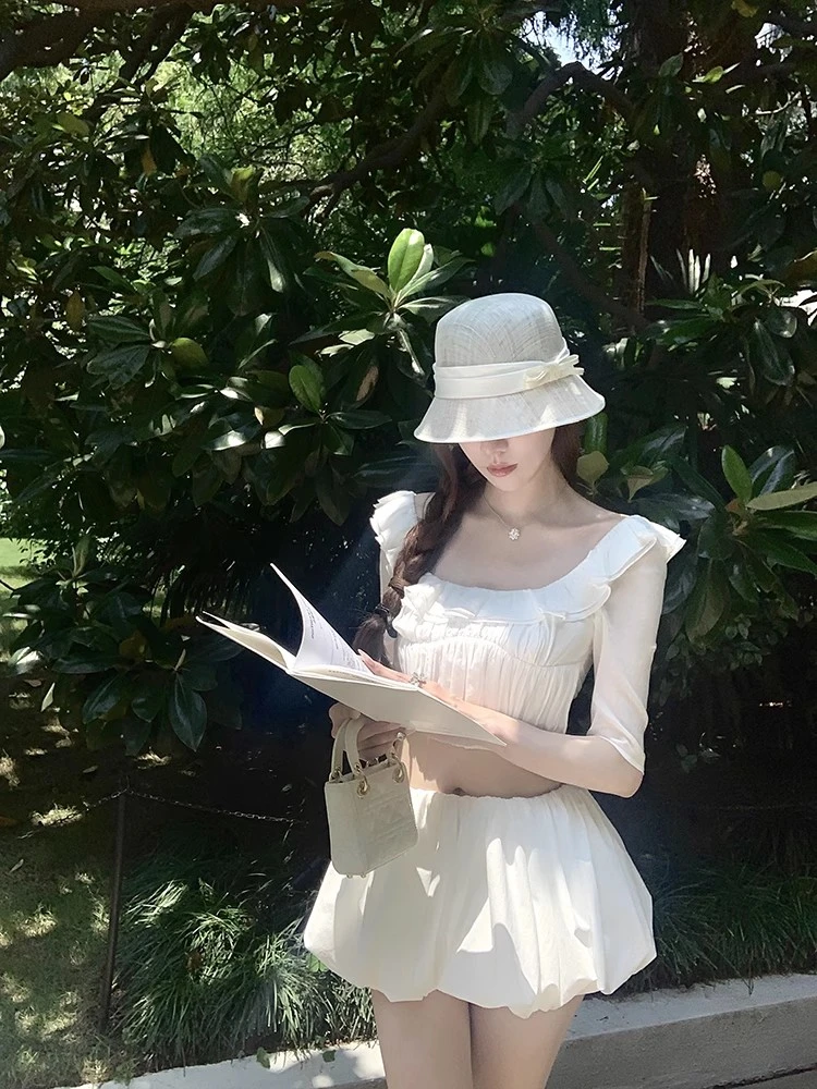 法式纯欲风性感辣妹压褶收腰短款上衣低腰显瘦蕾丝花苞裙裤两件套