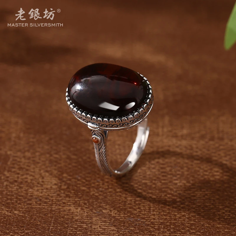 【老银坊】s925银血珀羽毛戒指（可开）00311739