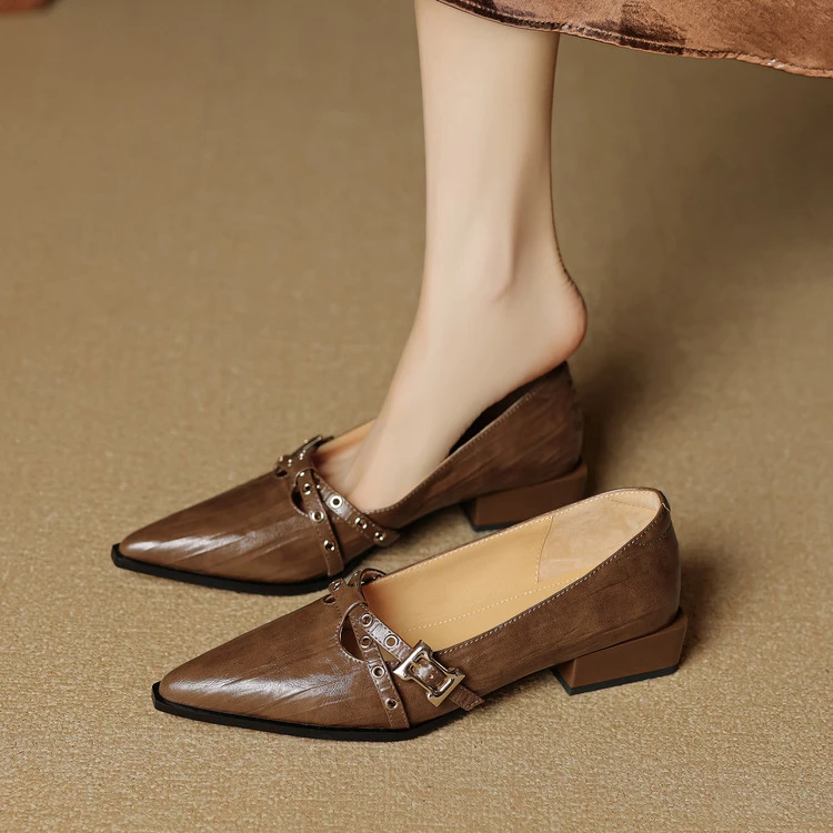 羊皮~3.5cm中跟粗跟单鞋法式复古时尚尖头单鞋女春秋皮带扣小皮鞋