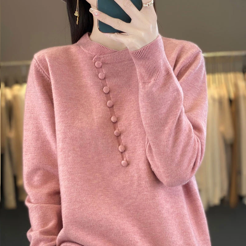 新中式女装中国风复古粉色毛衣女春秋2024新款上衣大码针织打底衫