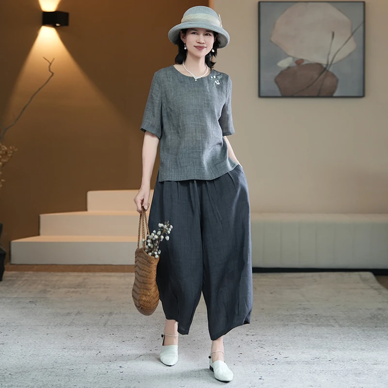 【芙澜卡尔】新品250317绣花短袖套装中国风妈妈装夏天时尚纯色上衣